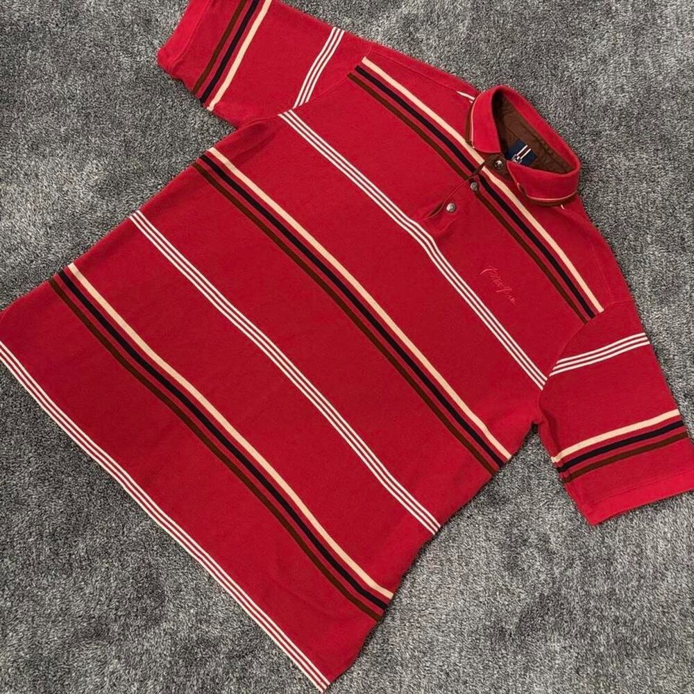 Vintage Phat Farm Men’s Large Striped Polo Shirt Red Brown Beige 90s Y2K